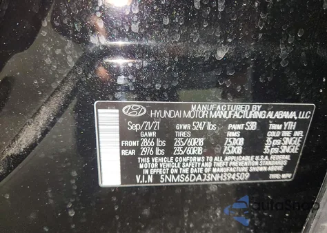 2022 Hyundai Santa Fe Sel z USA, uszkodzony, nr VIN 5NMS6DAJ3NH394509